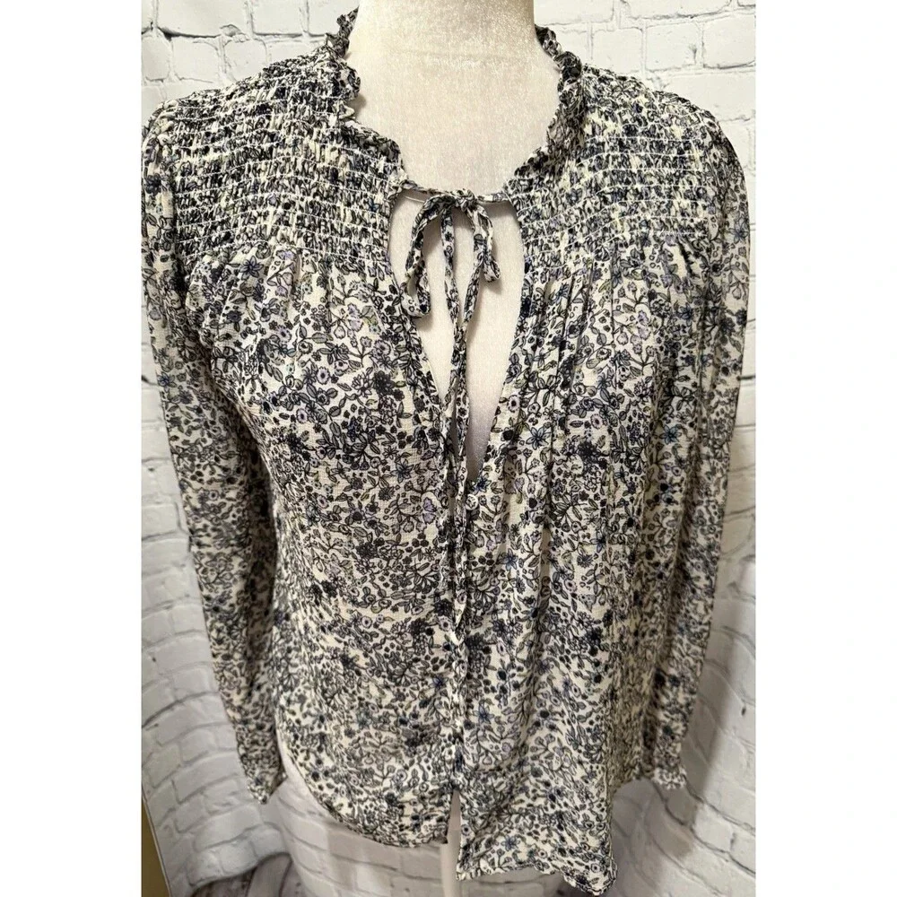 Free People Long Sleeve Floral Smocked Blouse Blue Size XS